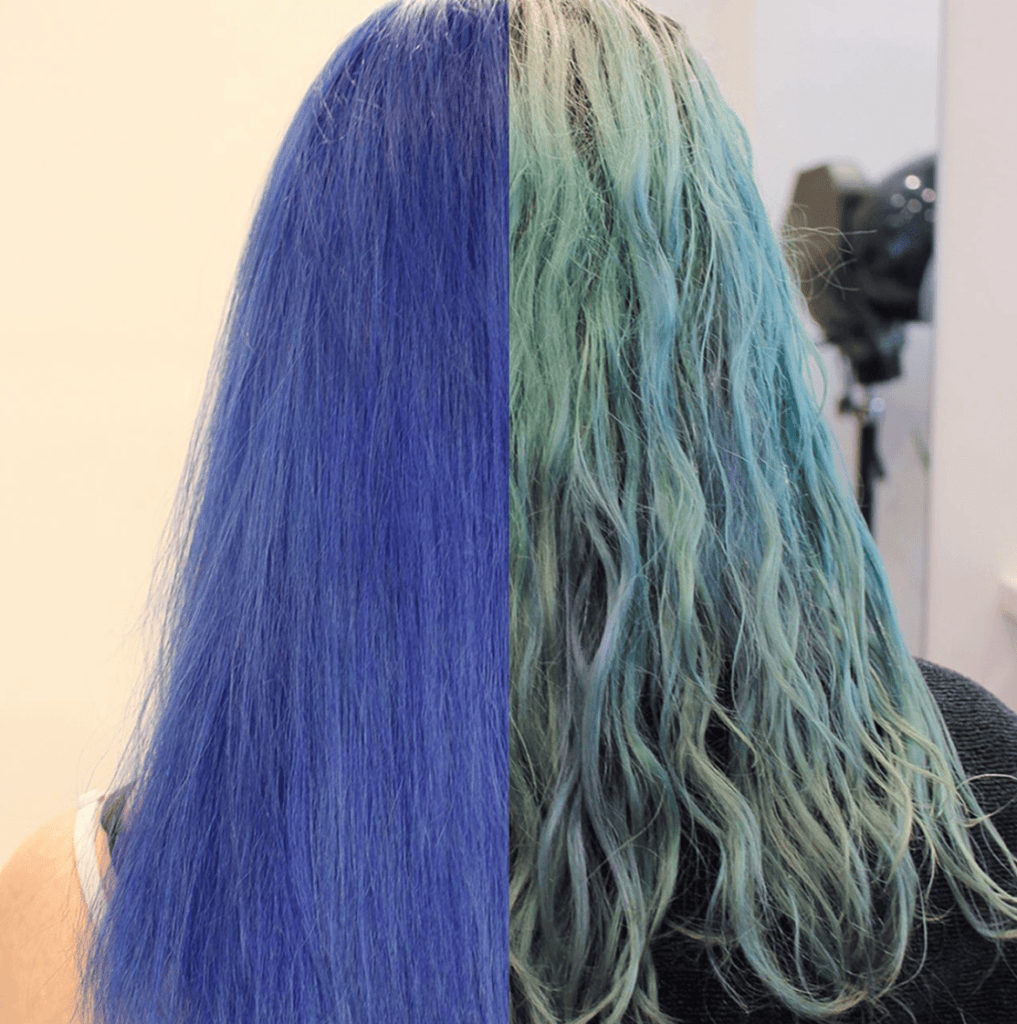 a faded blue hair re-colored with bright blue